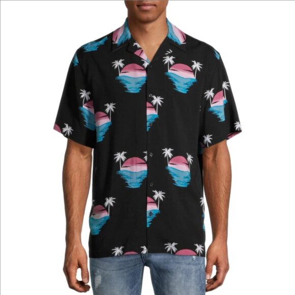No Boundarie Men Resort Shirt Black Sun Set Print Short Sleeves Front Button 2XL - Picture 1 of 16